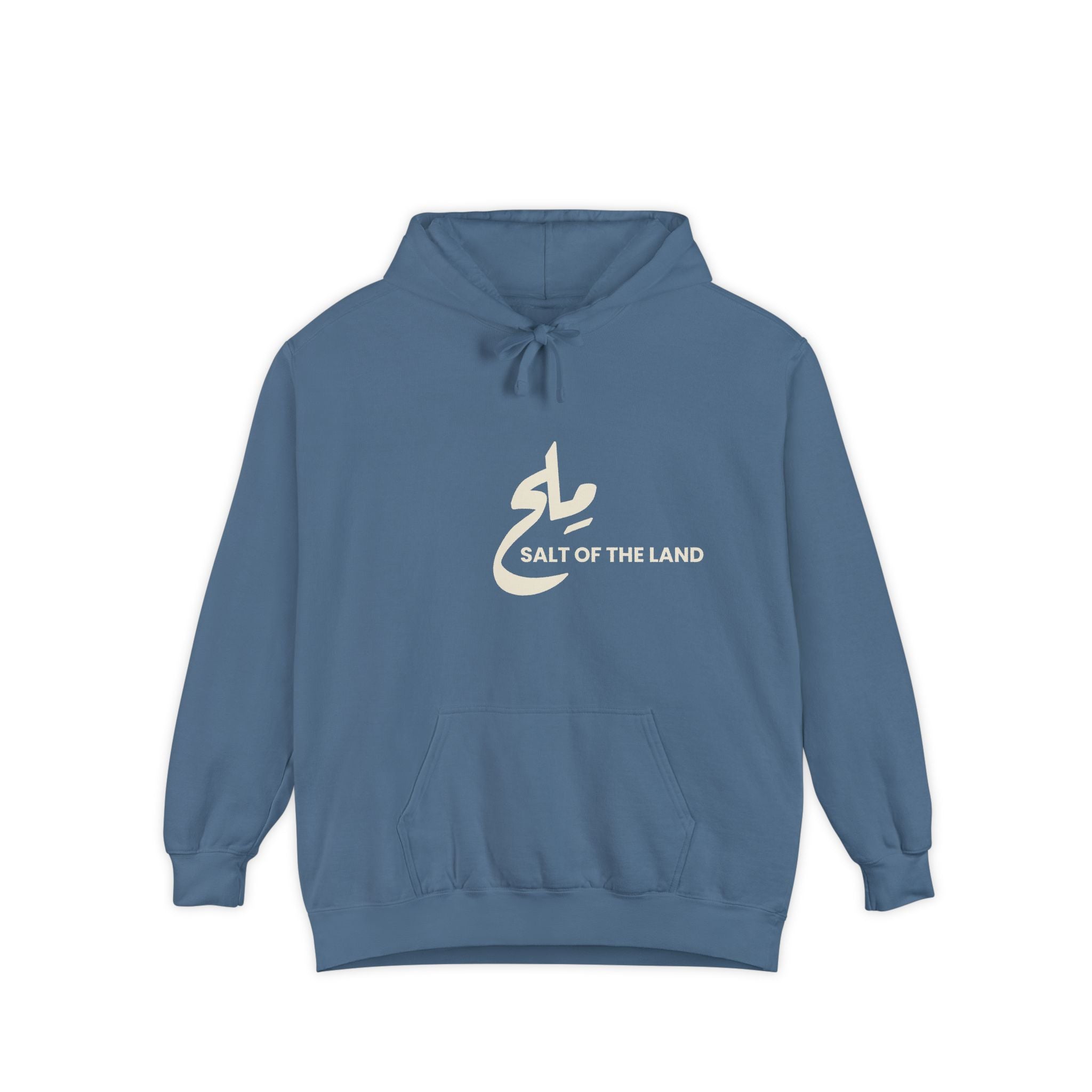Blue hoodie with 'Salt of the Land' logo on a white background