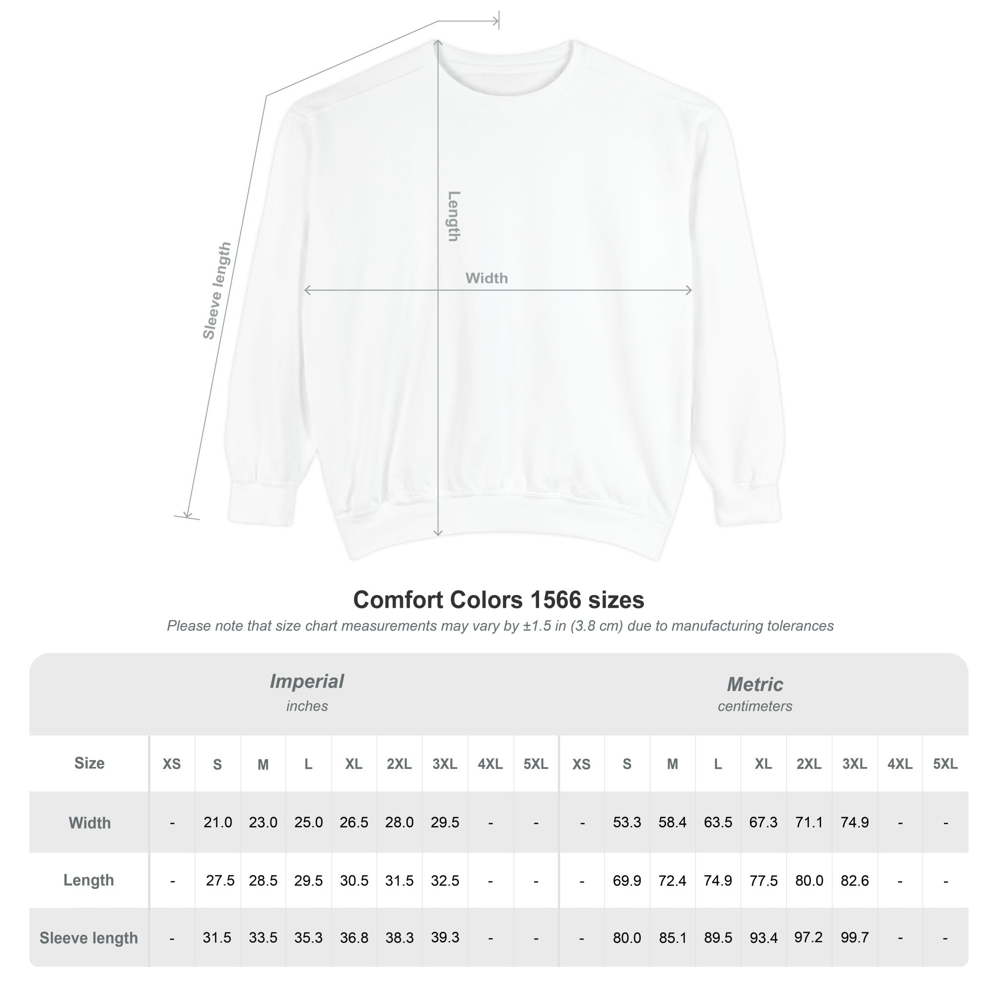 Comfort Colors 1566 crewneck size chart