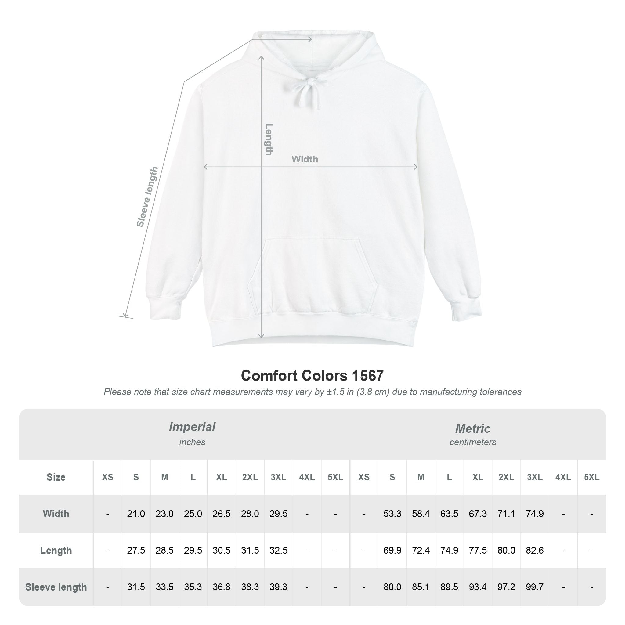 Comfort Colors 1567 hoodie size chart