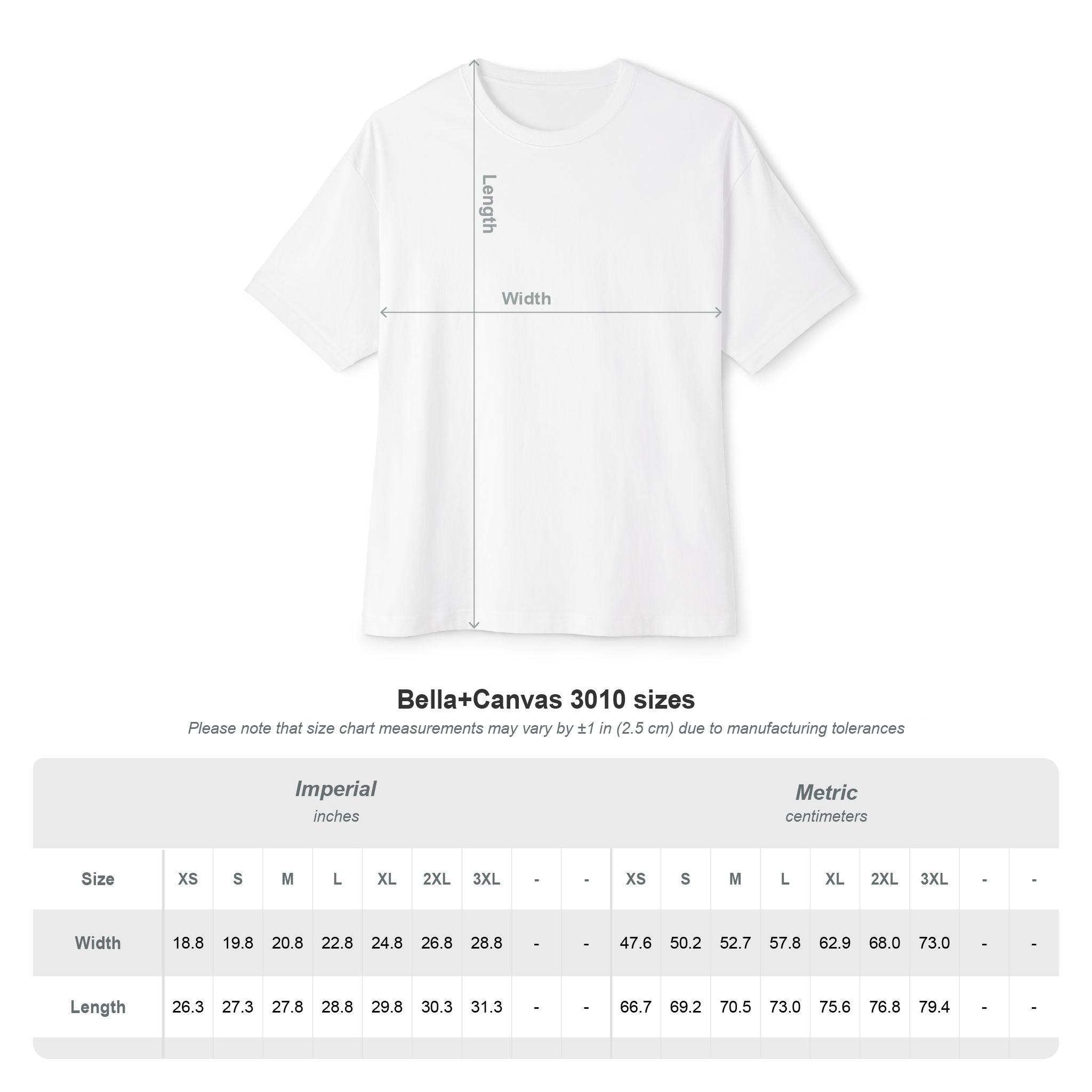 Bella+Canvas 3010 t-shirt size chart